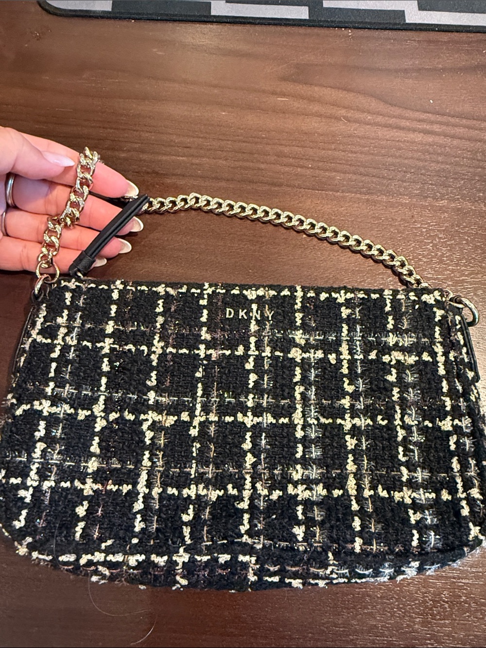 DKNY Black Tweed Clutch with Gold Chain